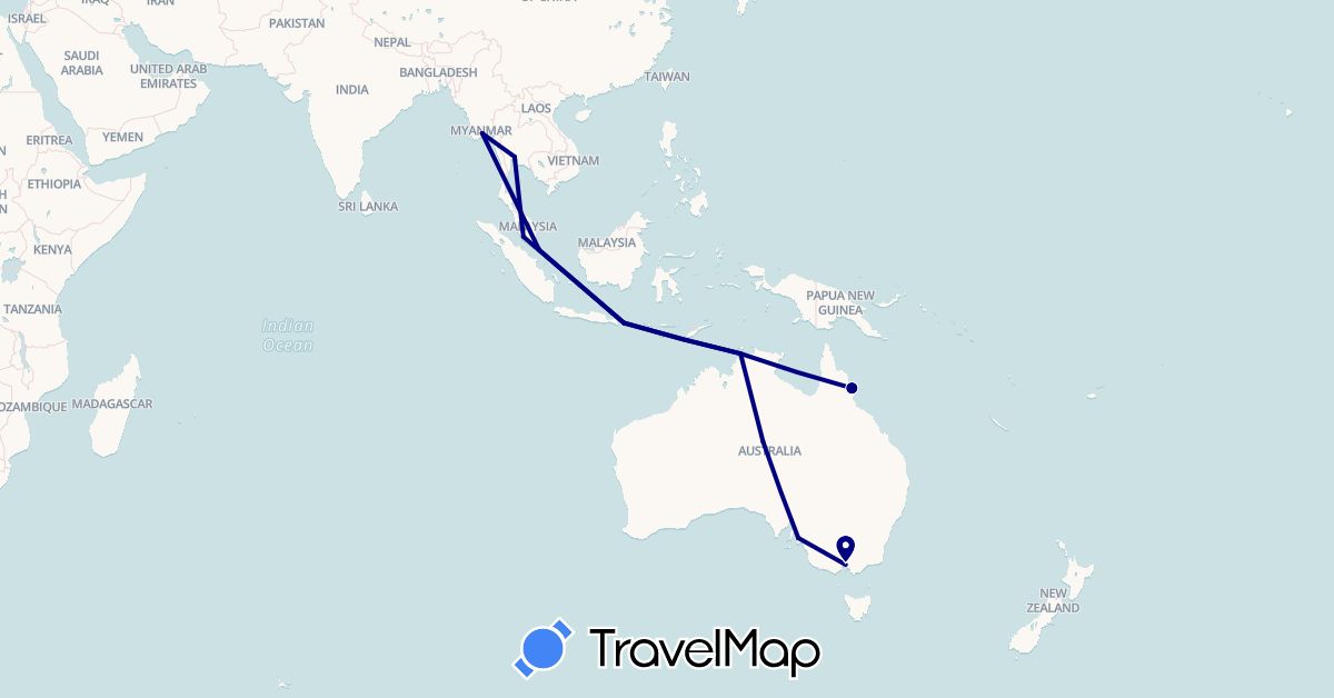 TravelMap itinerary: driving in Australia, Indonesia, Myanmar (Burma), Malaysia, Singapore, Thailand (Asia, Oceania)
